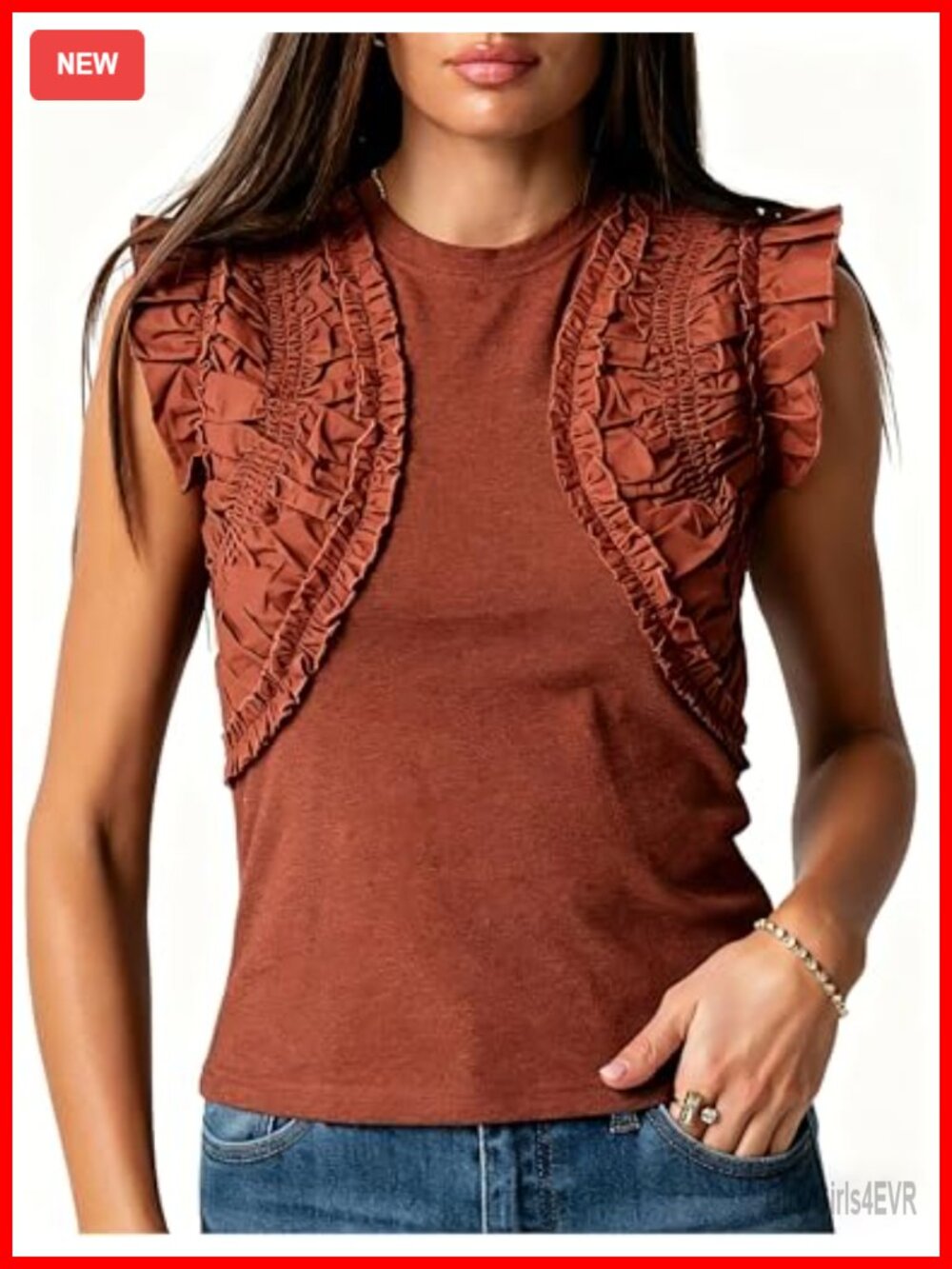 Women's Ruffle Tank Top Crew Neck Sleeveless Ruched Blouse Summer Casual Shirt